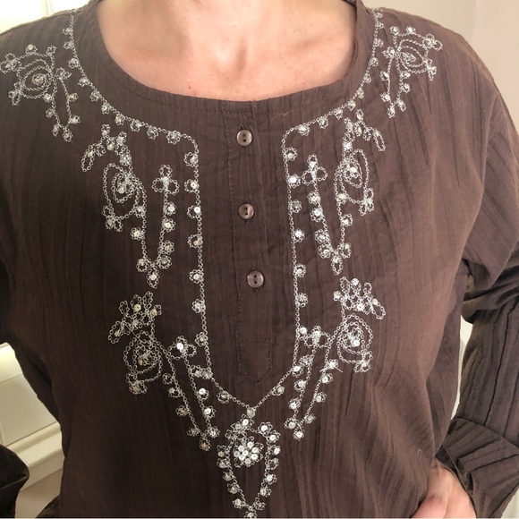 4 LEFT S-XL Mocha & Silver Boho Chic Beaded Bling Embroidered Tunic Top - Picture 3 of 5
